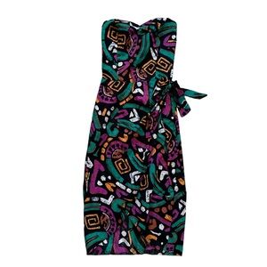 Vtg 80s All That Jazz Geometric Print Strapless Dress Wrap Style Black Multi 3